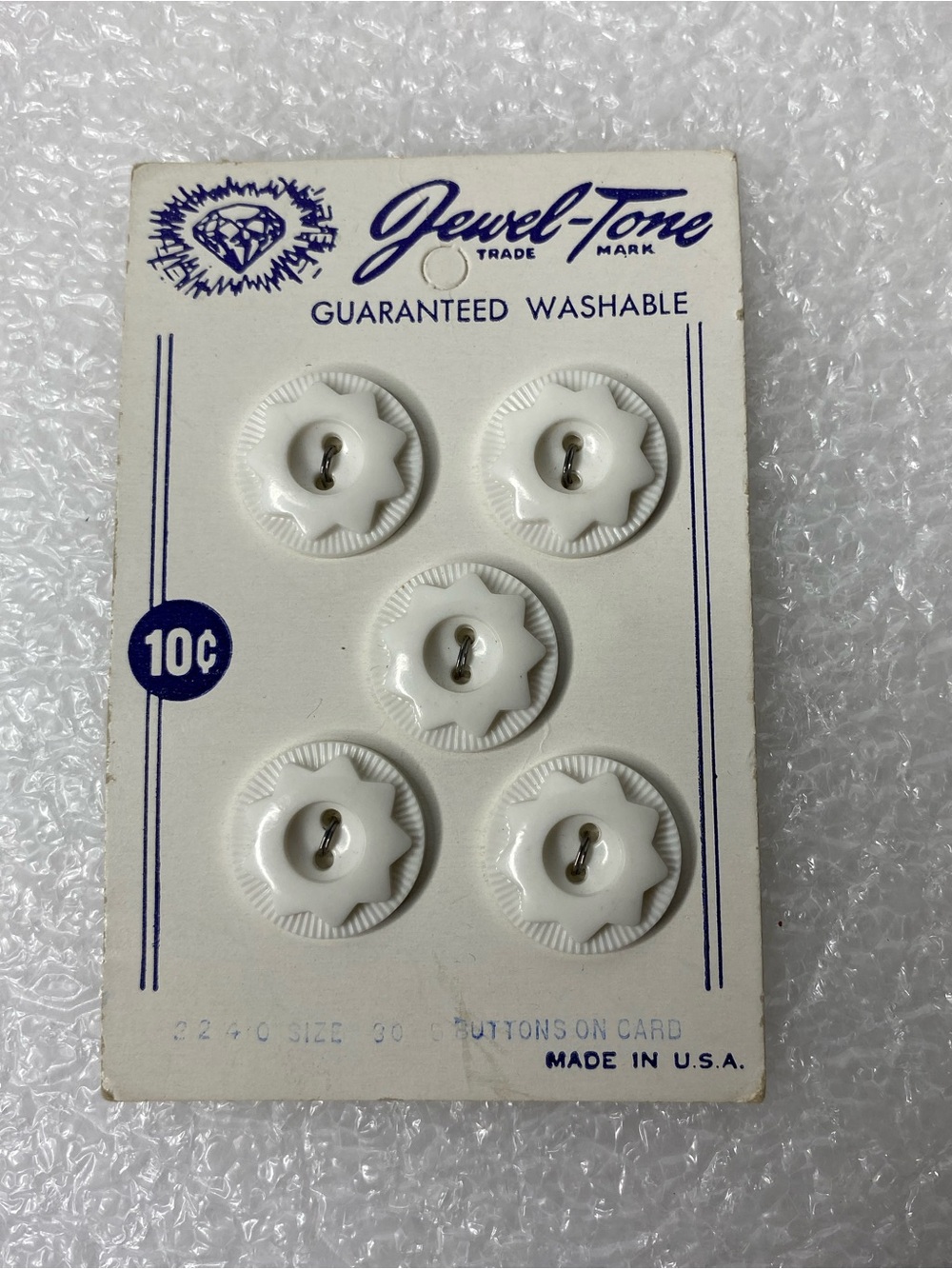 Jewel-Tone Vintage Original White Plastic Flower Relief Buttons on Card, Crafts